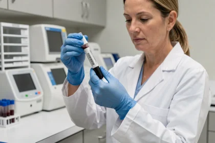 Technicienne de laboratoire tenant un tube d'analyse de sang dans un laboratoire médical moderne pour interpréter les résultats rénaux DFG