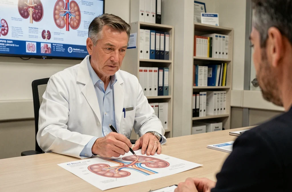 Urologue expliquant un diagnostic à un patient en montrant un schéma anatomique du système urinaire dans un hôpital