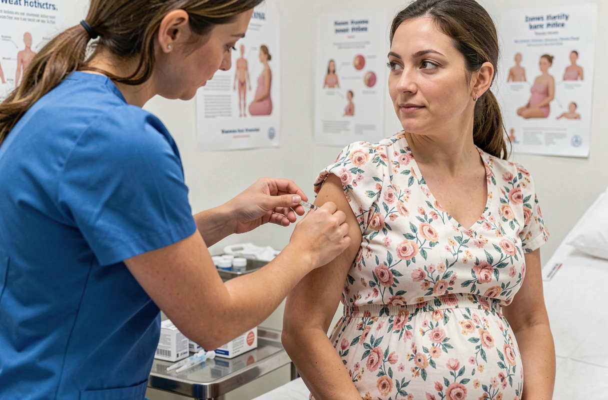 Infirmière administrant un vaccin recommandé à une femme enceinte dans un cabinet médical