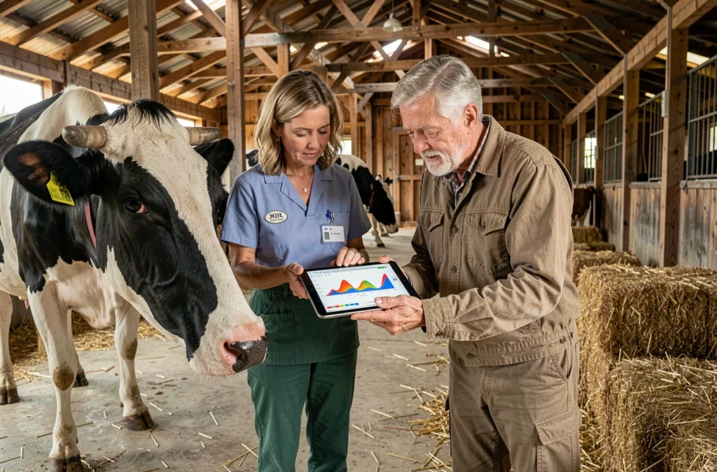 Vétérinaire et éleveur consultant des analyses laitières sur tablette numérique dans une étable avec une vache Holstein