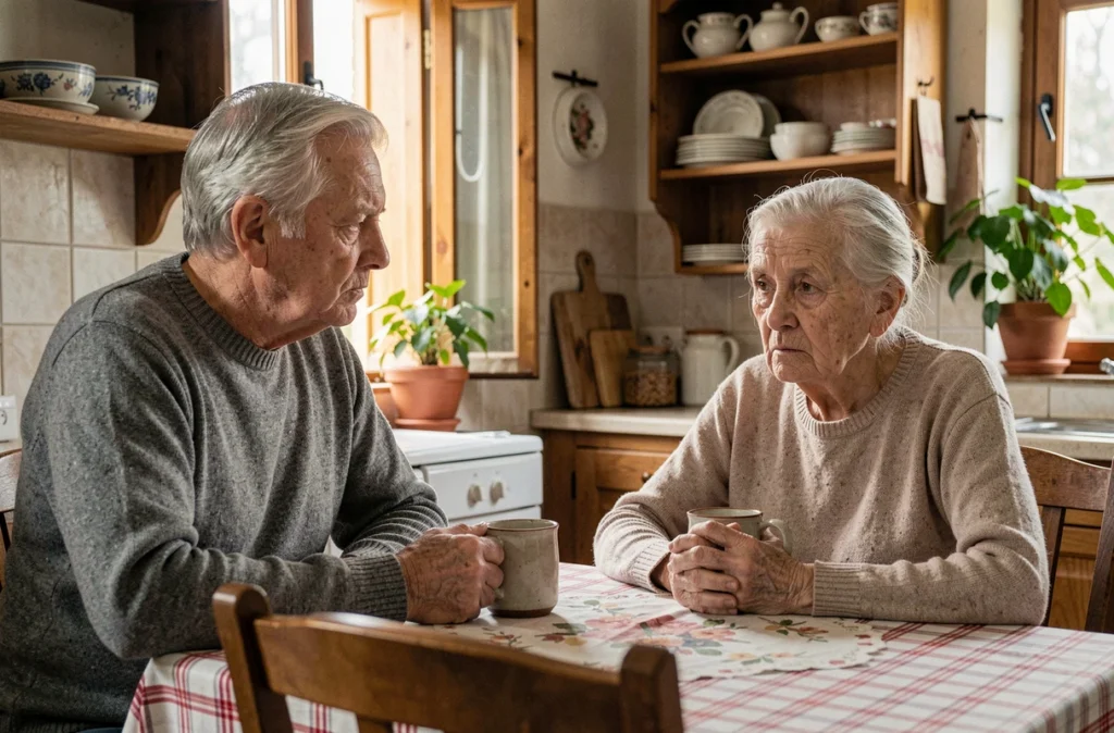 Un fils âgé assis face à sa mère en phase terminale d'Alzheimer à la table de cuisine, regard absent et perte d'autonomie visible
