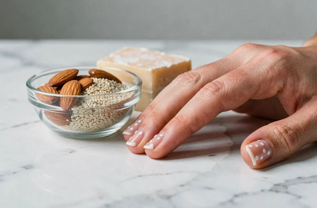Gros plan de taches blanches sur les ongles d'une main posée près d'aliments riches en calcium comme les amandes et le fromage, illustrant le débat sur la carence en calcium