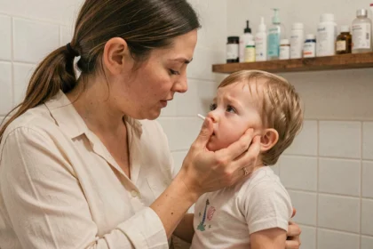 Mère appliquant une pommade ophtalmique à son enfant dans la salle de bain familiale