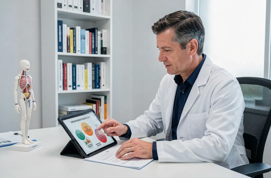 Nutritionniste en consultation montrant des informations sur les carences nutritionnelles, dans un cabinet médical moderne, contexte scientifique du mythe des ongles blancs