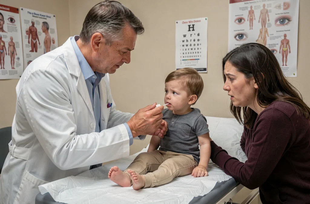 Pédiatre montrant à un parent comment appliquer une pommade sur l'œil d'un enfant en cabinet médical