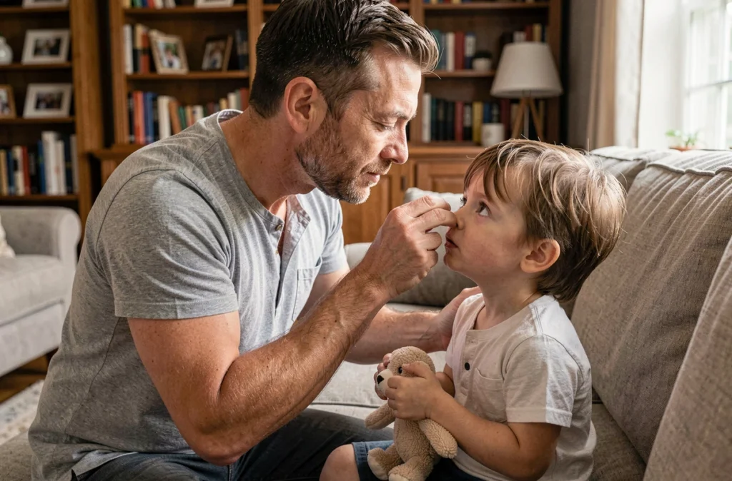 Père appliquant une pommade ophtalmique à son enfant assis sur le canapé du salon