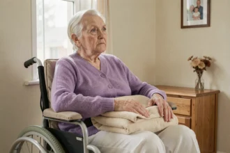 Femme âgée en fauteuil roulant dans une chambre de soins, regard perdu dans le vide, illustrant la phase terminale de la maladie d'Alzheimer