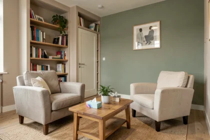 Cabinet de psychologue accueillant dans les Yvelines avec fauteuils et bibliothèque