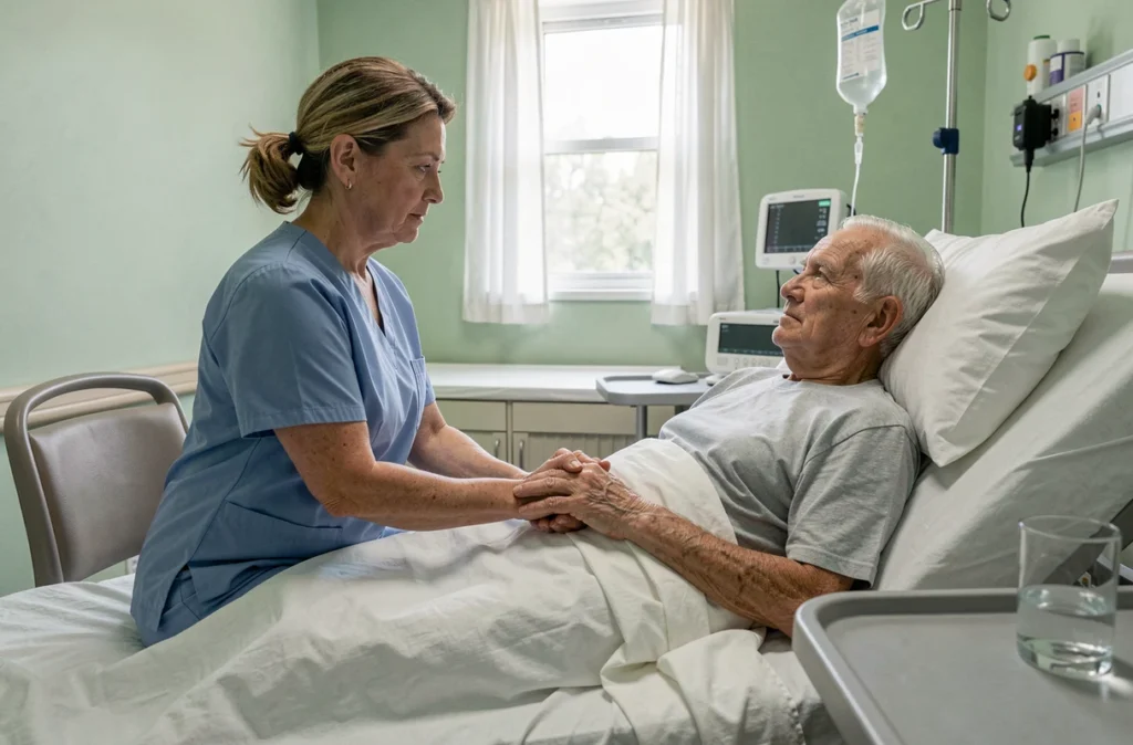 Soignante tenant la main d'un patient âgé atteint d'Alzheimer en phase terminale dans une chambre de maison de retraite médicalisée