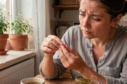Femme inspectant des taches blanches sur ses ongles, assis à une table en bois, illustrant le mythe du lien entre blanc dans les ongles et carence en calcium