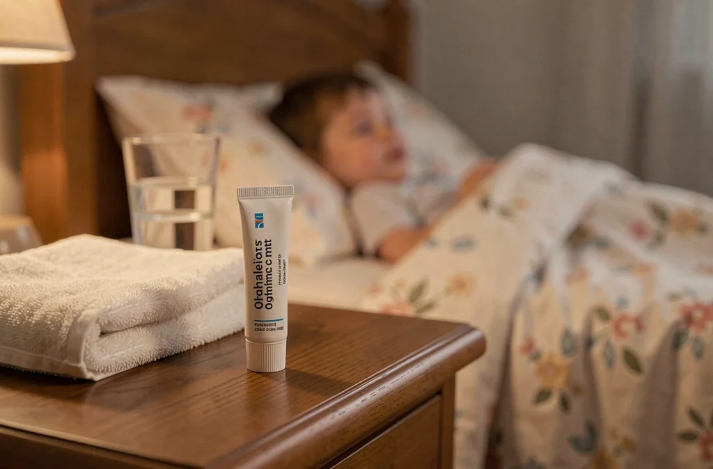 Tube de pommade ophtalmique posé sur une table de nuit dans une chambre d'enfant