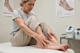 Femme d'âge moyen en consultation physiothérapeutique examinant sa douleur au tendon d'Achille en pressant son talon