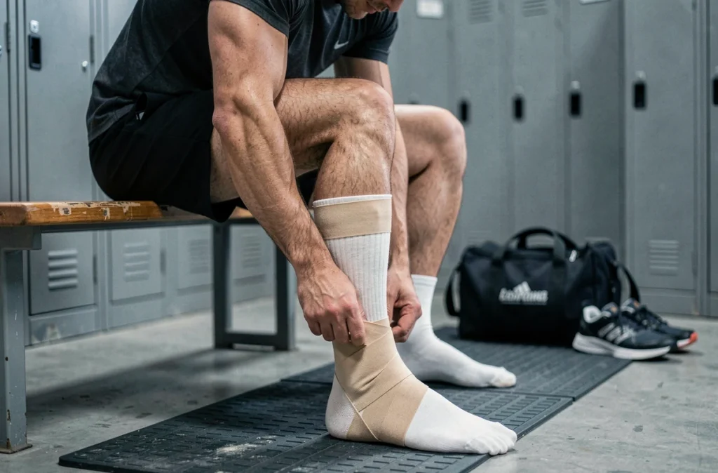 Sportif enroulant un bandage de soutien autour du talon et du tendon d'Achille dans un vestiaire sportif